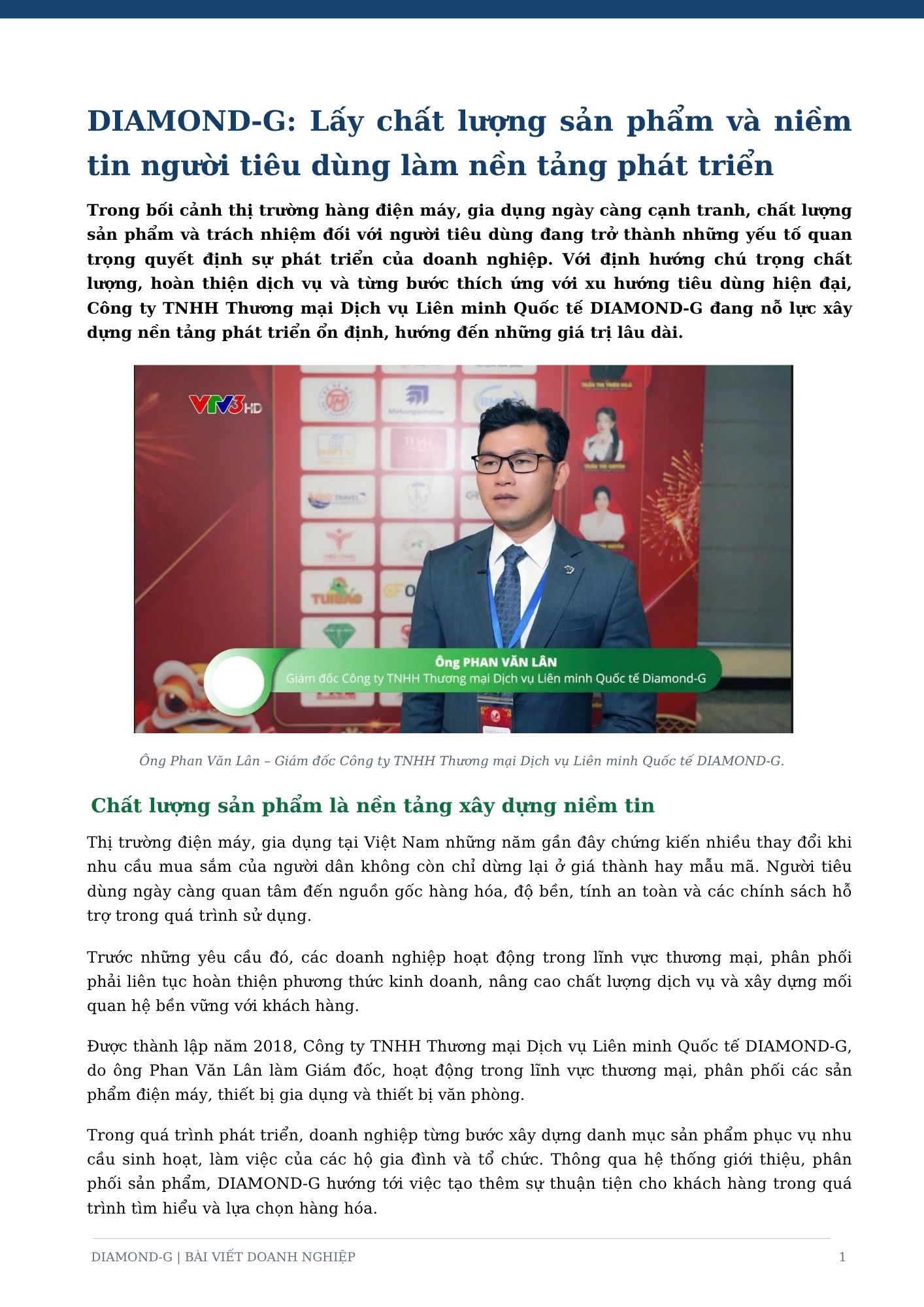 DIAMOND-G: Lấy chất lượng sản phẩm và niềm tin người tiêu dùng làm nền tảng phát triển